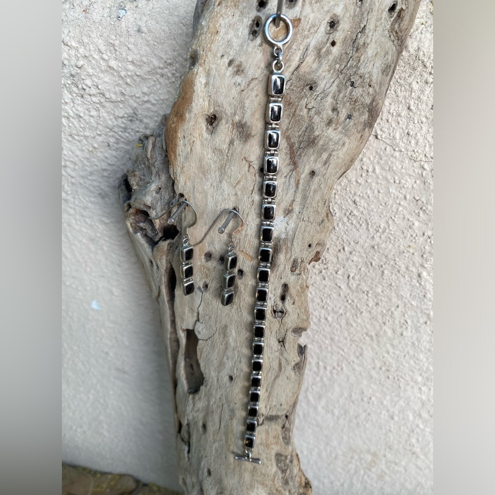 Sterling silver and black jet bracelet/earring set
